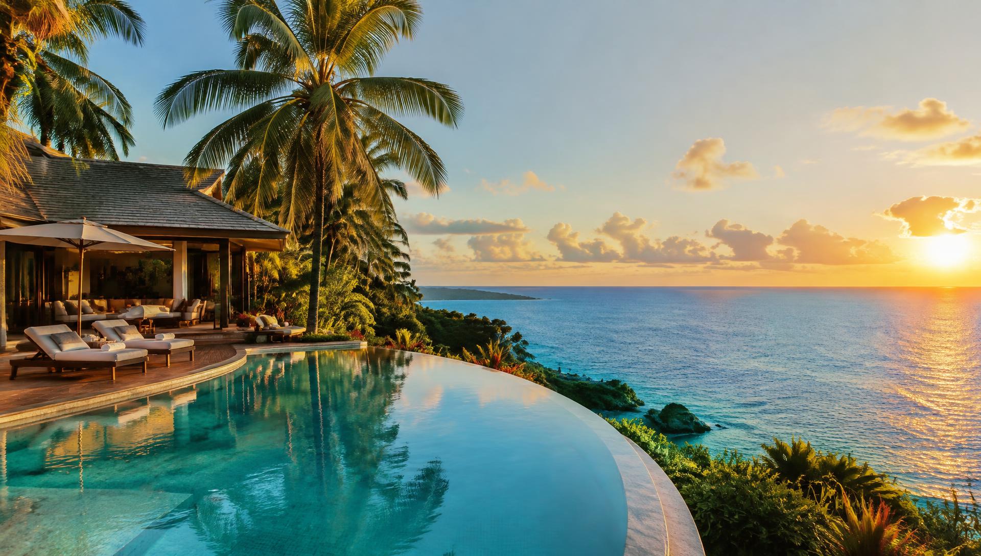 Villa infinity pool overlooking the ocean at sunset