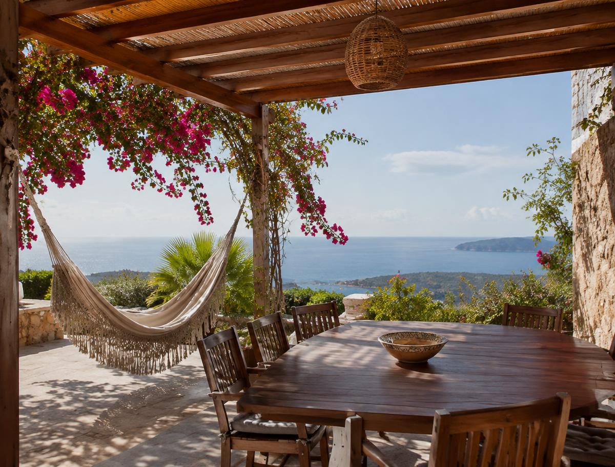 Shaded terrace with hammock and dining table